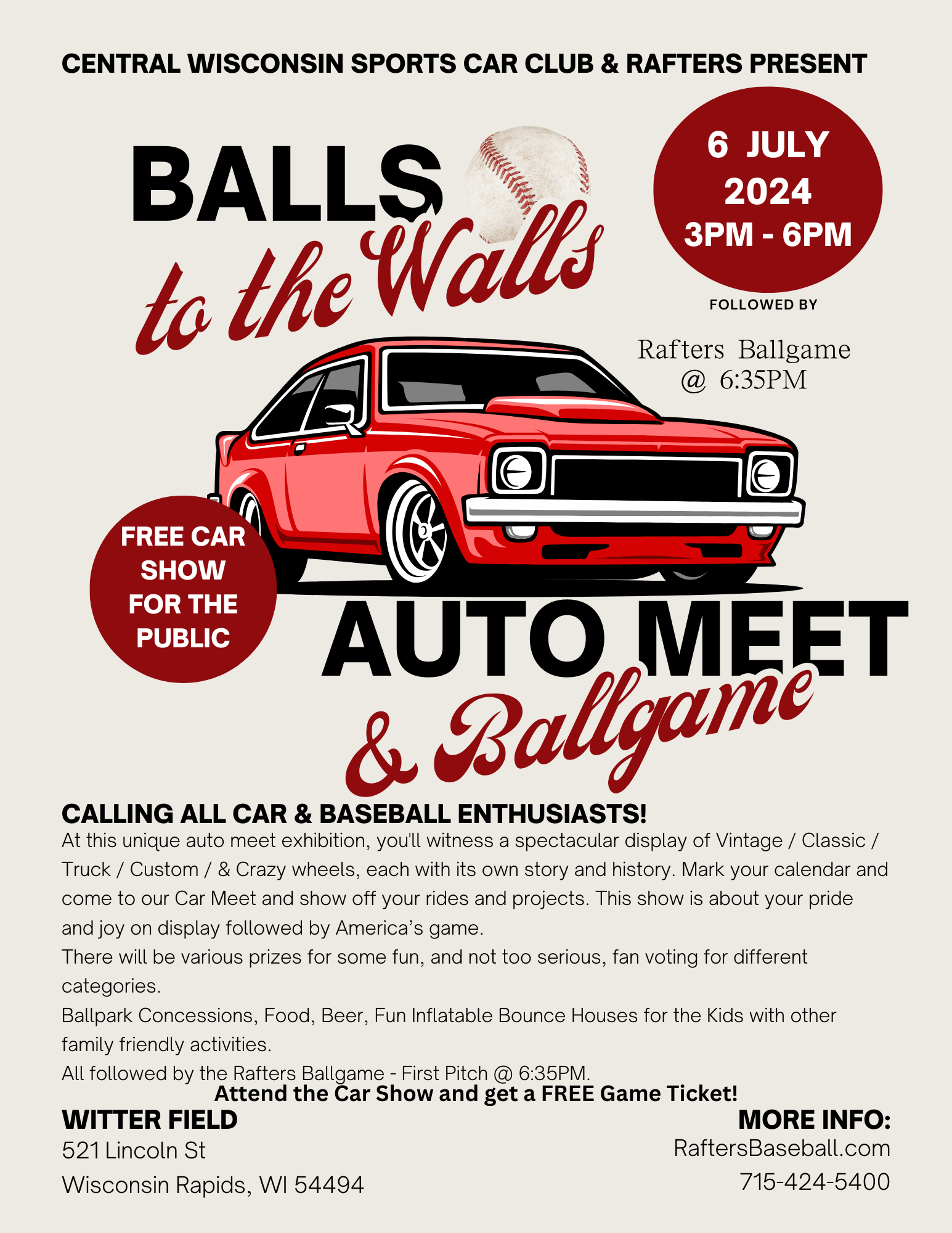 Central Wisconsin Sports Car Club and Rapids Rafters host “Balls to the Walls” car meet and ball game